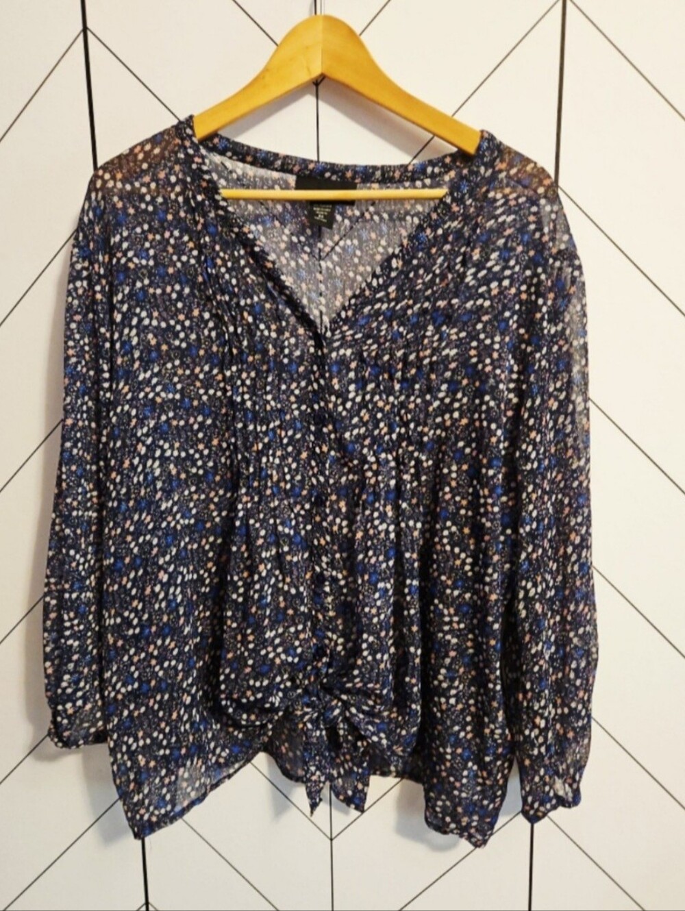 Marianne Floral Semi-Sheer Long Sleeve Tie Front Button Down Blouse, Plus 3X